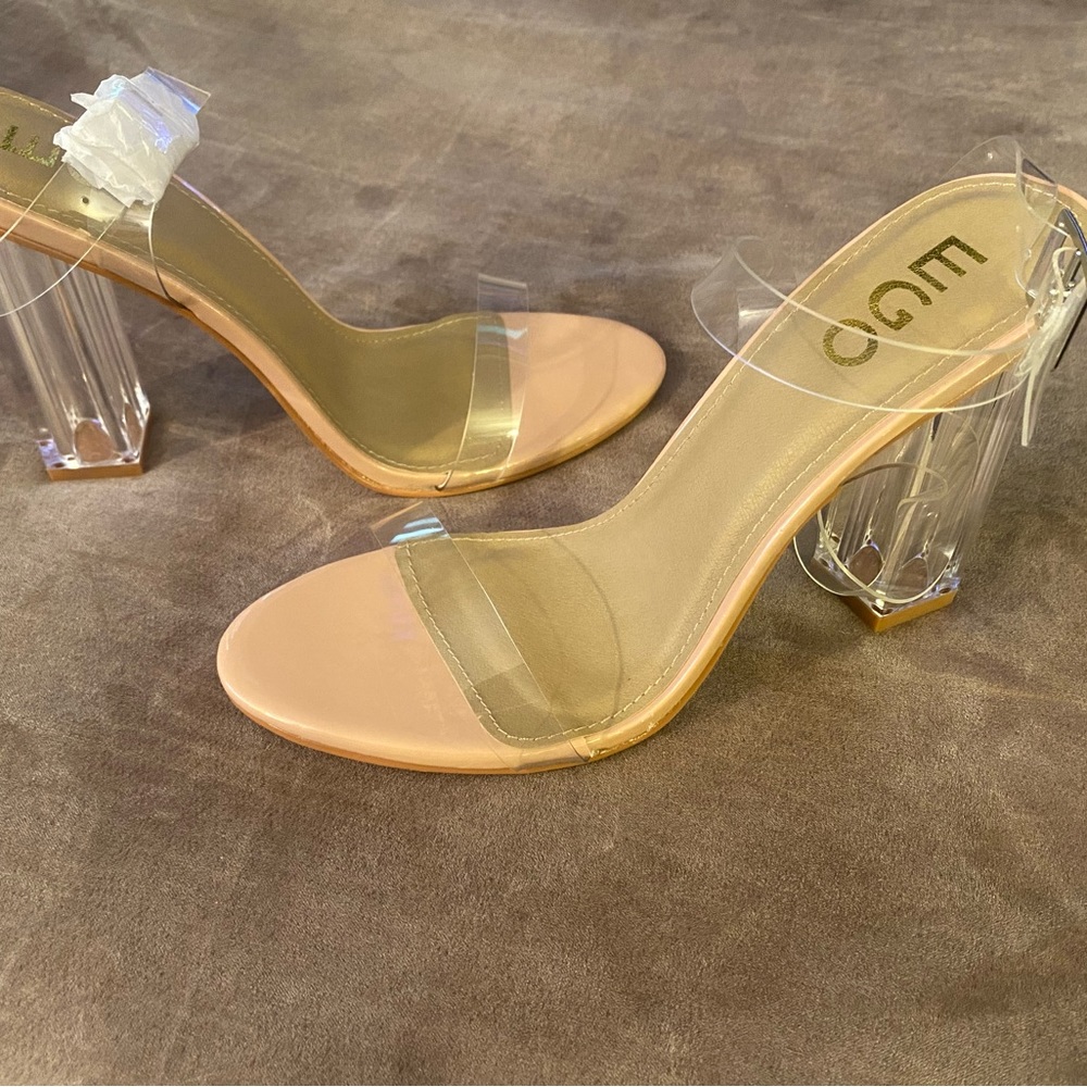Nude lucite heels with clear straps